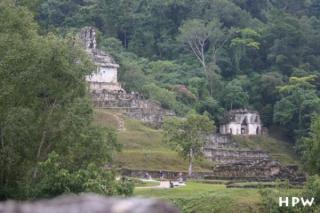 Palenque - Blick auf den Tempel des Kreuzes (li.) und Tempel des Blattkreuzes (re.)
